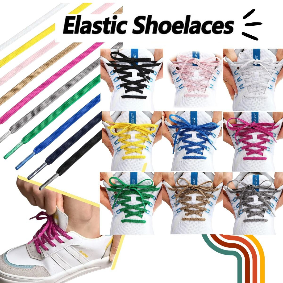BEST NO TIE Shoelaces Stretchy Elastic Laces Bi-color Double Magnetic Lock  for Women Men Kids Seniors 