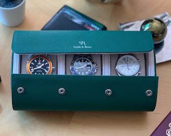 Luxury Leather Watch Case, Green/Cream Watch Box, Travel Watch Box, Luxury Leather Watch Case Roll 3 Watches, Gift For Him, Christmas Gift