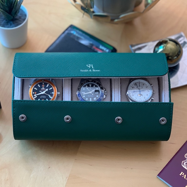 Luxury Leather Watch Case, Green/Cream Watch Box, Travel Watch Box, Luxury Leather Watch Case Roll 3 Watches, Gift For Him, Christmas Gift