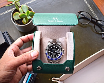 Watch roll luxury leather travel case 1 storage watch box Green Italian leather handmade gift men Organizer gift Husband