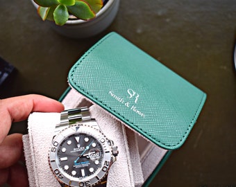 Watch roll luxury leather travel case 1 storage watch box Green Italian leather handmade gift men Organizer gift Husband