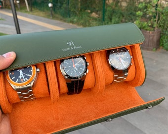 Luxury Leather Watch Case, Olive/Orange Watch Box, Travel Watch Box, Luxury Leather Watch Case Roll 3 Watches, Gift For Him, Christmas Gift