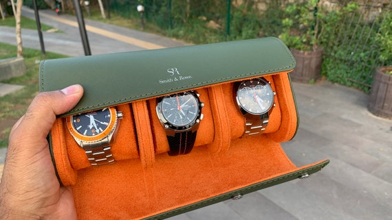 Boîtier de montre en cuir de luxe, boîte de montre olive/orange, boîte de  montre de