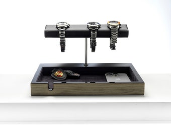 Kijkstandaard + valetlade | Dockingstation voor heren | Luxe horlogehouder | Jubileumcadeau | Catchall-lade | Heren nachtkastje organisator | Stellage