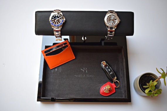 Luxury Watch Holder Stand+Valet Tray for Men, Wooden Catchall Tray, Men Docking Station w/ Wireless Charging,Desk Organizer,Gift for Husband