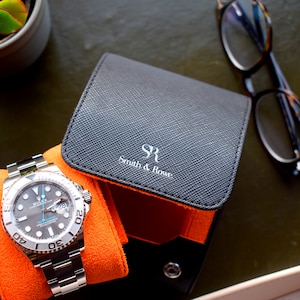 Watch roll luxury leather travel case 1 storage watch box Black Italian leather handmade gift men Organizer gift Husband