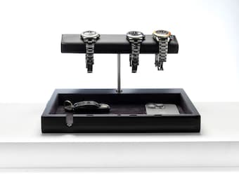 Luxus Uhrenhalter Stand + Valet Tablett für Männer, Catchall Tablett aus Holz, Herren Dockingstation mit kabellosem Laden, Schreibtischorganisator, Geschenk für Ehemann