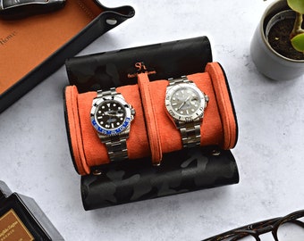 Luxury leather watch roll travel case 2 watch storage box Camo Italian Saffiano leather handmade men Organizer Christmas gift Dad Husband