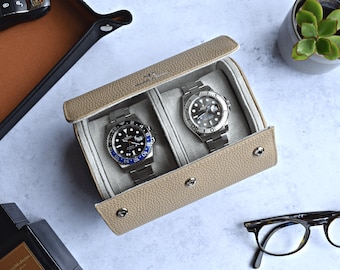 Watch roll luxury leather travel case 2 storage watch box grey Italian leather handmade men Organizer Christmas gift Dad Husband