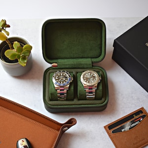 Custodia da viaggio per doppio orologio da uomo in pelle verde con chiusura a cerniera e protezione, scatola organizer per orologi per 2, rotolo di orologi, regalo per lui