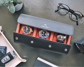 Watch roll luxury leather travel case 3 storage watch box Black Italian leather handmade gift men Organizer Christmas gift Dad Husband
