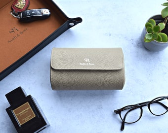 Watch roll luxury leather travel case 2 storage watch box grey Italian leather handmade men Organizer Christmas gift Dad Husband
