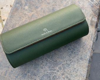 Elegant Leather Watch Roll for Watches, Green Orange Watch Box