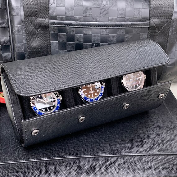 Luxury leather watch roll travel case watches storage box black Italian  Saffiano handmade perfect gift men Organizer Storage Display