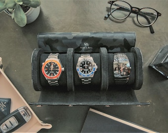 Luxury leather watch roll travel case 3 watch storage box Camo Italian Saffiano leather handmade men Organizer Christmas gift Dad Husband
