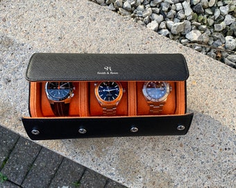 Watch roll luxury leather travel case 3 storage watch box Black Italian saffiano leather handmade gift men Organizer Christmas Dad Husband