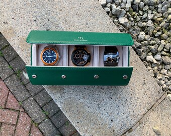 Luxury Leather Watch Case, Green/Cream Watch Box, Travel Watch Box, Luxury Leather Watch Case Roll 3 Watches, Gift For Him, Christmas Gift