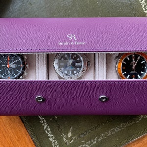 Custodia per orologi in pelle di lusso, scatola per orologi viola/crema, scatola per orologi da viaggio, custodia per orologi in pelle di lusso Roll 3 orologi, regalo per lei, regalo di Natale