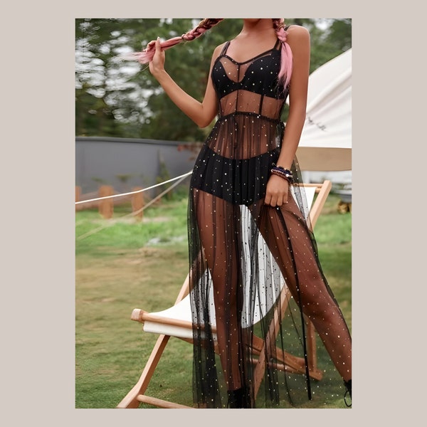 Tunique de bikini en dentelle brillante, jupe de festival transparente, robe transparente, maillot de bain en tulle, tenue de plage