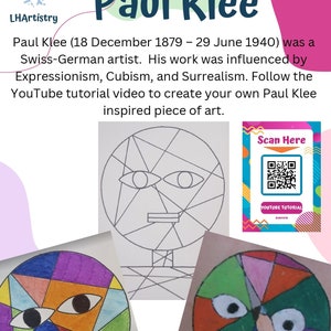 Puede incluir: Una actividad artística imprimible que presenta un dibujo de línea en blanco y negro de una cara inspirado en la obra de Paul Klee. La imagen incluye un código QR que enlaza con un video tutorial de YouTube. El texto "Scan Here" y "YouTube Tutorial" también se incluyen en la imagen.