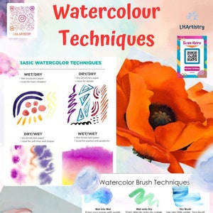 Könnte beinhalten: Eine farbenfrohe Infografik mit dem Titel "Aquarelltechniken" und einem QR-Code. Die Infografik zeigt verschiedene Aquarelltechniken, darunter Nass-in-Nass, Nass-auf-Trocken, Trockenbürsten, Flachwäsche, Verlaufswäsche, Verblenden, Lasieren, Herausheben und Salz.