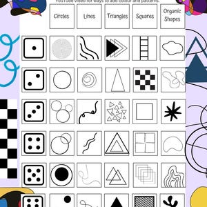 May include: A printable game board with instructions to roll a die and draw circles, lines, triangles, squares, and organic shapes. The game is inspired by the art of Wassily Kandinsky.