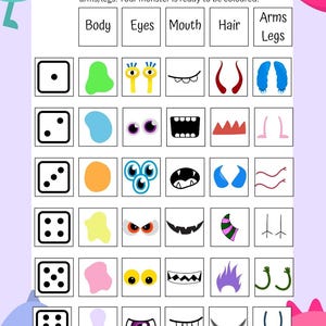 Könnte beinhalten: Ein druckbares Spielbrett mit einem farbenfrohen Monster-Thema. Das Spiel beinhaltet einen Würfel, Körperformen, Augen, Münder, Haare, Arme und Beine. Würfle und zeichne das entsprechende Körperteil auf dein Monster.