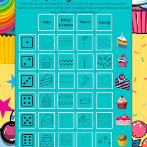 May include: A teal-colored activity sheet titled "Roll-A-Wayne Thiebaud" with instructions to draw cake shapes, icing, toppers, and candy. The sheet includes dice, cupcake, cake, and candy illustrations. The background is yellow with colorful sprinkles.