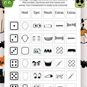 May include: A Halloween-themed activity sheet titled "Roll-A-Frankenstein". The sheet features a grid with dice and Frankenstein facial features. Instructions are provided to roll the die and draw the corresponding features. The sheet is designed for coloring.