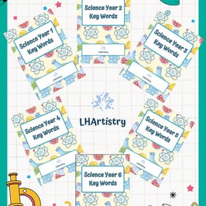 May include: A collection of science-themed educational materials. The image features six notebooks labeled "Science Year 1" through "Science Year 6 Key Words." The notebooks have a light yellow background with science-related illustrations. Additional science-themed graphics surround the notebooks.