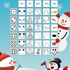 May include: A printable game board with a snowman theme. The board has a die, different facial expressions, hats, scarves, arms, and noses. Roll the die and draw the corresponding part on the snowman template.