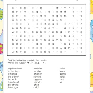 May include: A colorful educational worksheet titled "Animals, including Humans - Y2" featuring a word search puzzle. The puzzle includes words like "reproduction," "caterpillar," and "butterfly." The worksheet has a science theme.