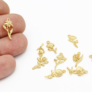 24k Gold Plated Birth Month Flower Charm, Birth Flower Pendant, Personalized Birth Flower Charm, Birth Month Flower Earring , ALT-1240