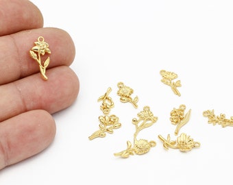 24k Gold Plated Birth Month Flower Charm, Birth Flower Pendant, Personalized Birth Flower Charm, Birth Month Flower Earring , ALT-1240