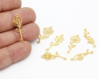 24k Gold Plated Birth Month Flower Pendant, Birth Flower Connector, Birth Month Flower Earring, Personalized Birth Flower Charm, ALT-1404
