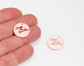 Rose Gold Plated Bird Pendant, Round Bird Silhouette Charm, Animal Findings, Circle Bird Pendant for DIY Bracelets or Necklaces, LZ-844-3