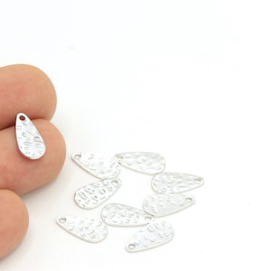 Silver Plated Brass Drop Charm, Silver Plated Brass Hammared Drop Charms With 1 Hole, Stamping Blanks (7x14mm)4 pcs  SLV-186
