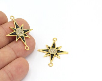 24k Shiny Gold Plated CZ Micro Pave North Star Pendant, Cubic Zirconia Enamel North Star Charms, Two Hole North Star Jewelry, 1Pcs, ZRC-328