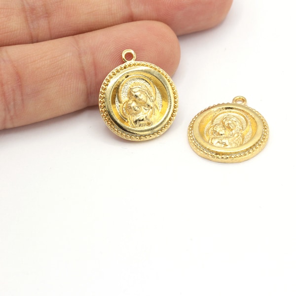 24k Shiny Gold Plated  Mother Child Necklace, Mother Child Medallion, Medallion Jewelry, Necklace Pendant, (19x22mm), 1 Pcs, ALT-425