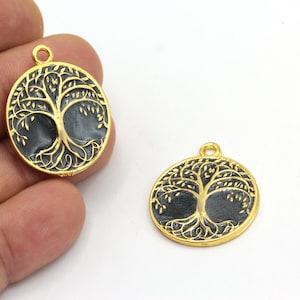 24k Shiny Gold Plated Tree Of Charm, Tree Of Life Medallion, Black Enamel Tree Of Life Pendant,Tree Of Life Necklace,1Pcs, (26x31mm) ALT-520