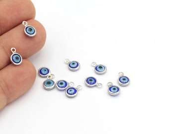 Silver Plated Eye Pendant, Evil Eye Charm, Silver Plated Evil Eye Pendant, Evil Eye Pendant, Glass Evil Eye Charms, 2 pcs,(7x10mm), SLV-232