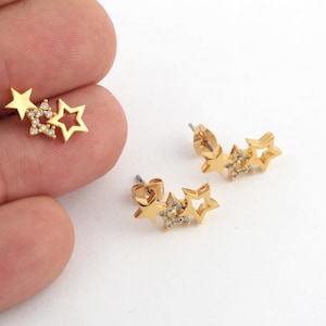 24k Gold Plated Micro Pave Star Earrings, Cubic Zirconia Tiny Star Earrings, CZ Star Jewelry, Micro Pave Star Earrings, 1pair, 8x16mm,KP-379