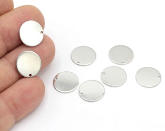 14mm Silver Plated Brass Round Disc , 1 Hole Round Disc ,Silver Brass Charms ,1 Hole Stamp,Personalized Disc,Coins , 6 pcs SLV-388