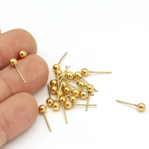 6 pcs(4mm)24k Gold Plated Ball Earrings ,Ball Earring Studs, Gold Plated Push Back Studs ,Ball Ear Post KP-52