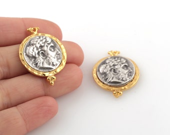 24k Gold Plated Greek Coins, Antique Greek Medallion, Two Color Pendant, Gold Plated Old Historical Jewelry, 1Pcs, 23x31mm, ALT-1136