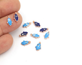 Rose Gold Plated Hamsa Evil Eye Charm, Hamsa Evil Eye Jewelry, Evil Eye Pendant, Enamel Hamsa Charms, 1Pcs, (6x10mm), ROS-311
