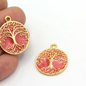 24k Shiny Gold Plated Tree Of Charm, Tree Of Life Medallion, Red Enamel Tree Of Life Pendant,Tree Of Life Necklace,1Pcs, (26x31mm) ALT-521