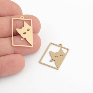 Raw Brass Laser Cut Cat Charm in Frame, Cat Talisman Pendant, Cat Lover&#39;s Laser Cut Brass Pendant, Animal Findings, DIY Supplies, LZ-168-1