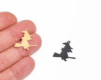 Flying Witch Charm for Halloween, Witch on Broom Pendant, For Halloween Earrings and Keychains, Laser Cut DIY Jewelry Making, LZ-2254-5