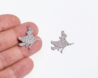 Stainless Steel Flying Witch Charm, Witch on Broom Pendant, Halloween Findings, Witch Necklace with Moon and Star Detail, DIY Making,LZ-2988